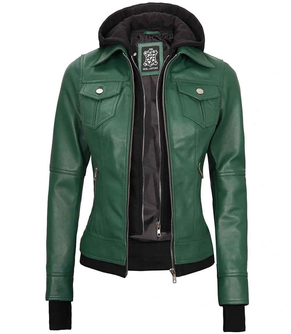 Womens Biker Green Leather Jacket with Hood