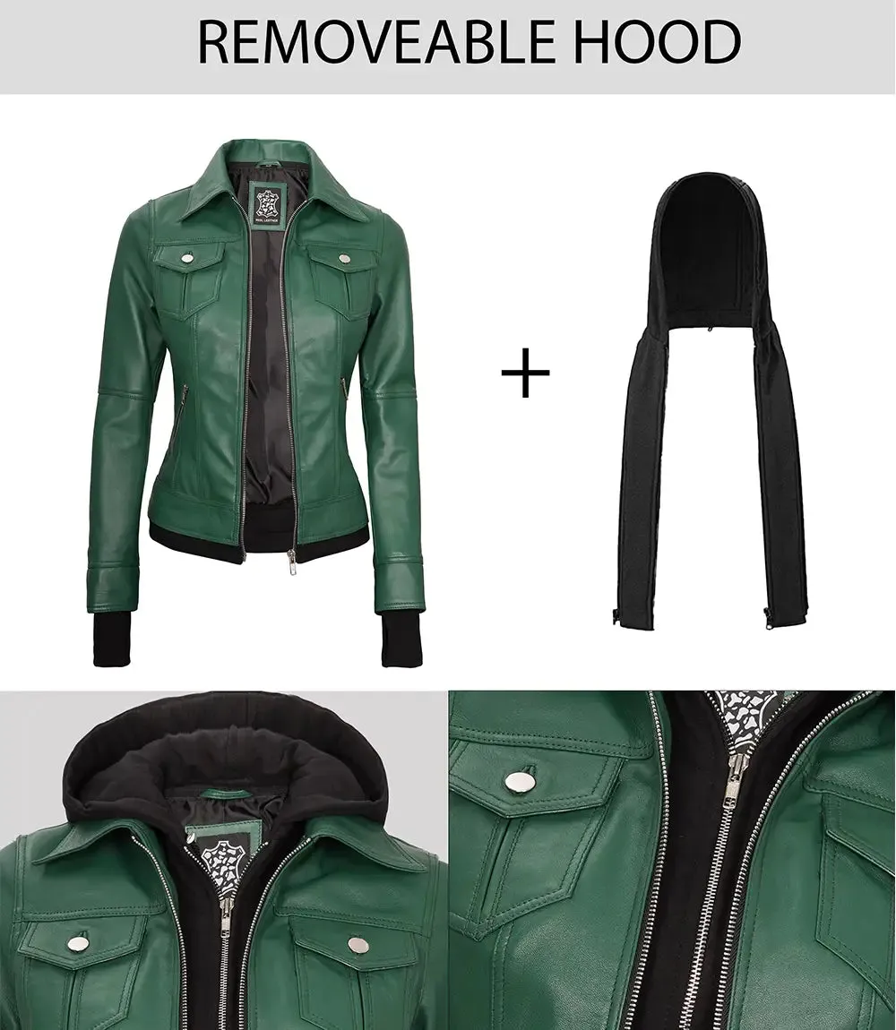 Womens Biker Green Leather Jacket with Hood