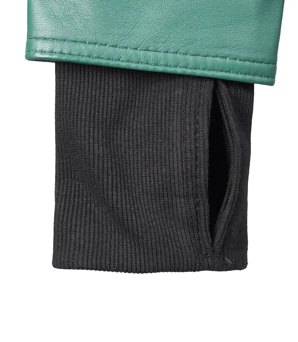 Womens Biker Green Leather Jacket with Hood