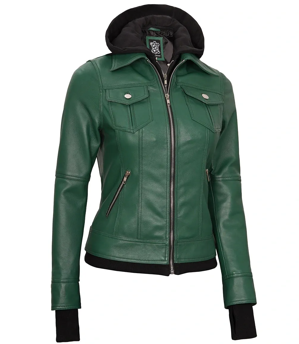Womens Biker Green Leather Jacket with Hood
