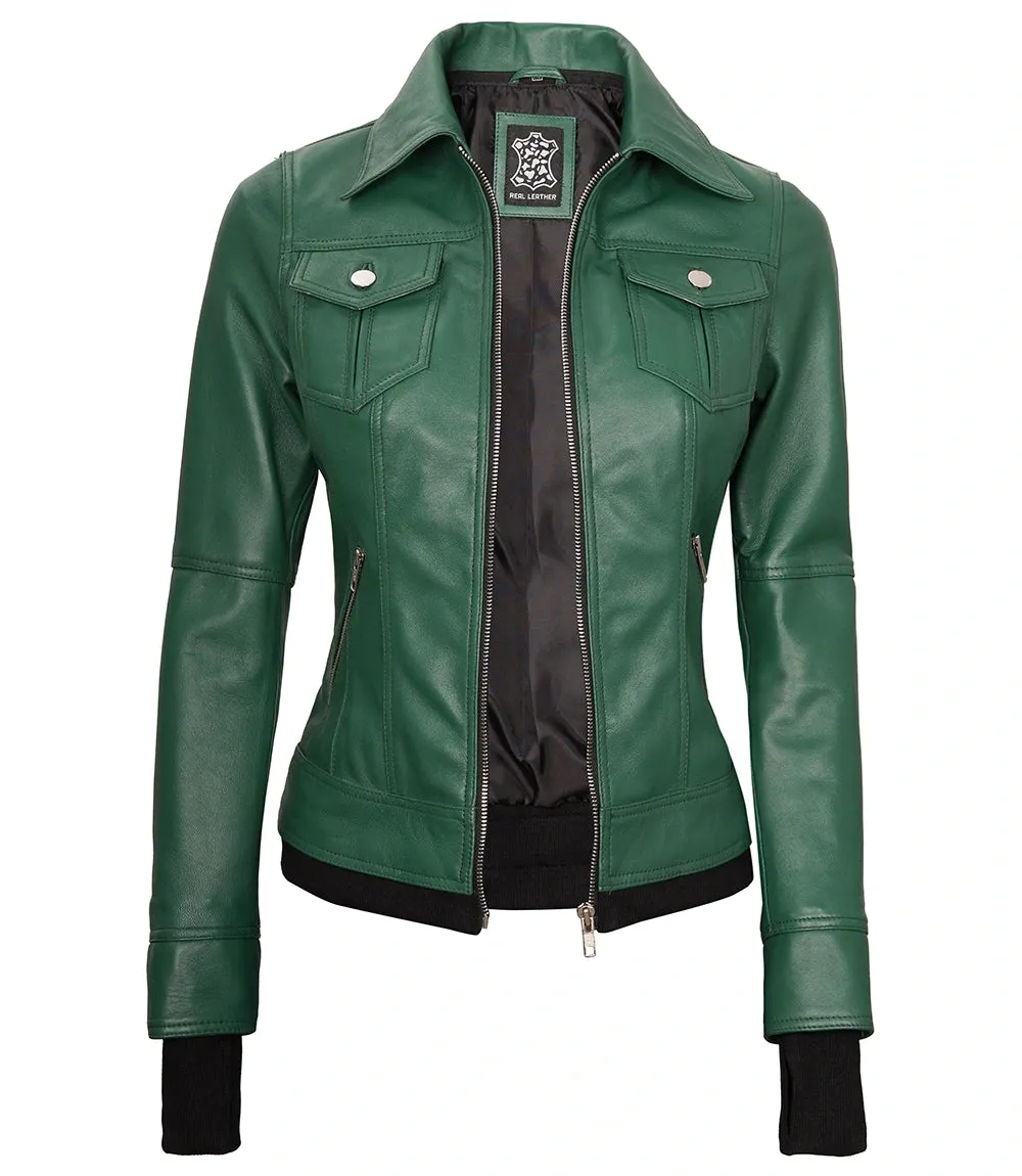 Womens Biker Green Leather Jacket with Hood