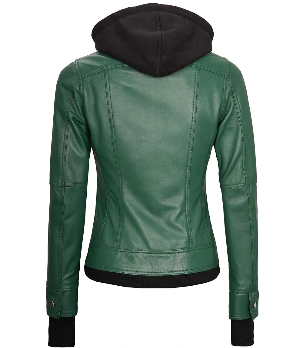 Womens Biker Green Leather Jacket with Hood